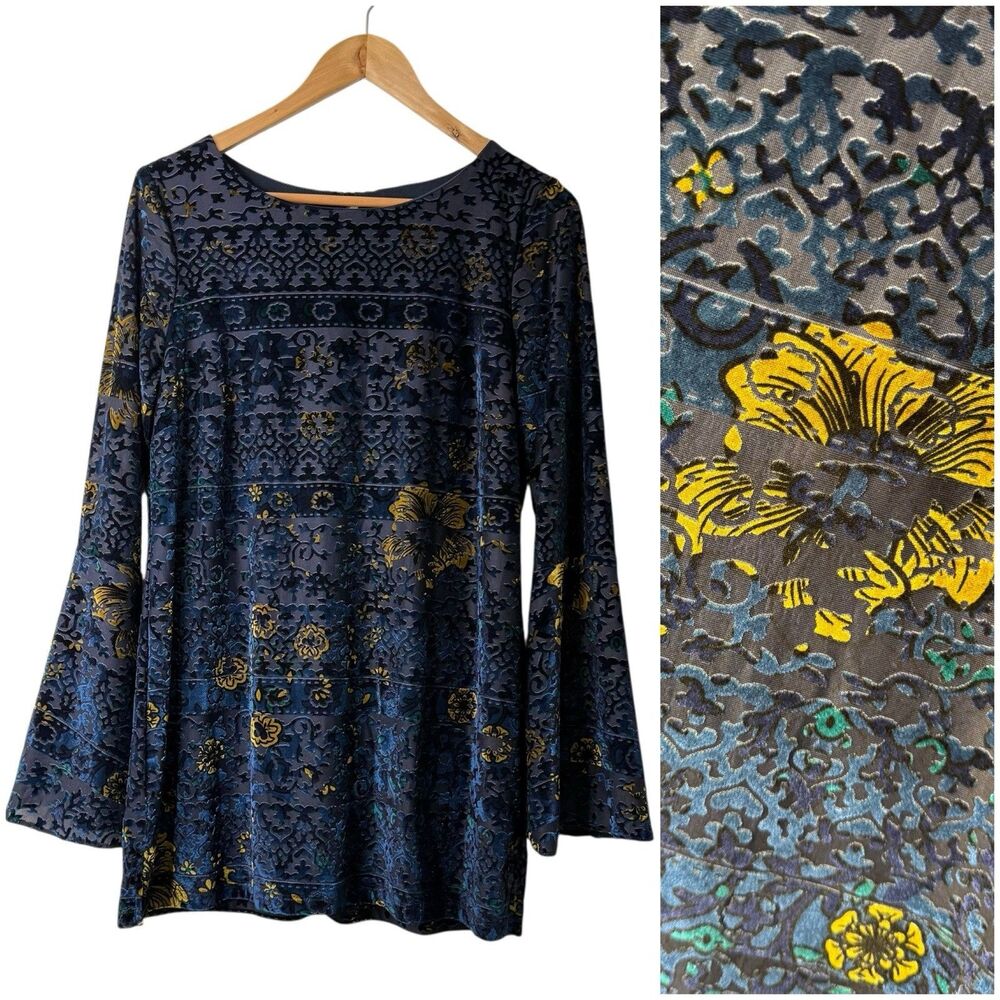eci Burnout Velvet Tunic Top Sz L  Bell Sleeves Whimsigoth Fairy Grunge Floral